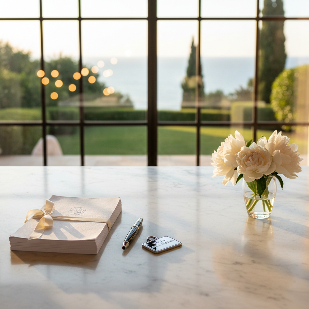 An impeccably arranged marble kitchen island in a sunlit French Riviera villa, representing bespoke luxury services for property owners. On the veined white marble surface, a neatly stacked set of high-quality linen checklists, a sleek black fountain pen, and a polished chrome house key fob engraved with an elegant villa name are displayed beside a small vase of freshly cut white peonies. Floor-to-ceiling windows reveal a softly blurred glimpse of turquoise sea and manicured garden beyond. Golden hour light pours in, casting warm reflections on the marble and subtle bokeh sparkles on glass surfaces. Photographic realism, shot from a slightly elevated angle with rule-of-thirds composition, serene and orderly mood, emphasizing discretion, refinement, and meticulous attention to detail.