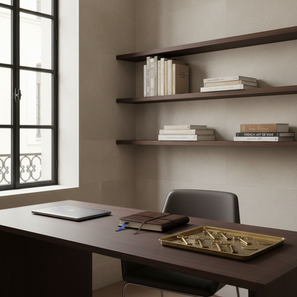 A minimalist yet sumptuous office corner dedicated to remote concierge coordination inside a contemporary French loft. A sleek, matte dark-wood desk supports a thin, closed silver laptop, a leather-bound planner with a silk bookmark, and an organized tray of vintage-style brass keys labeled with small engraved tags. Against a pale stone wall, floating shelves display a few curated design and travel books, their spines in harmonious neutral tones. Soft, indirect daylight from a large industrial window to the side creates gentle, even illumination with subtle shadows under objects. Photographic realism, three-quarter view with balanced composition, calm and focused atmosphere, projecting discretion, efficiency, and refined professionalism for a luxury concierge agency.