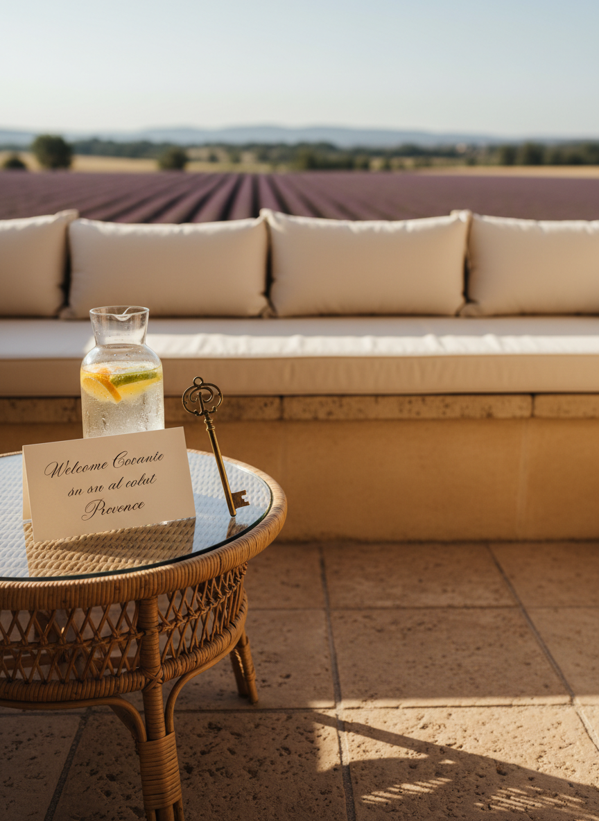 A sun-drenched private terrace in Provence styled for an arriving guest, illustrating tailored travel concierge service. A woven rattan side table holds a hand-written welcome card in elegant calligraphy, an old-world brass room key, and a chilled crystal carafe of infused water with floating citrus slices, drops of condensation beading on the glass. Behind, plush cream outdoor cushions line a limestone bench overlooking lavender fields and distant hills, gently blurred. Soft late-afternoon sunlight washes the scene, creating long, warm shadows across the textured stone floor. Photographic realism with a slightly low angle, shallow depth of field, and a calm, indulgent atmosphere that feels intimate, exclusive, and meticulously curated.