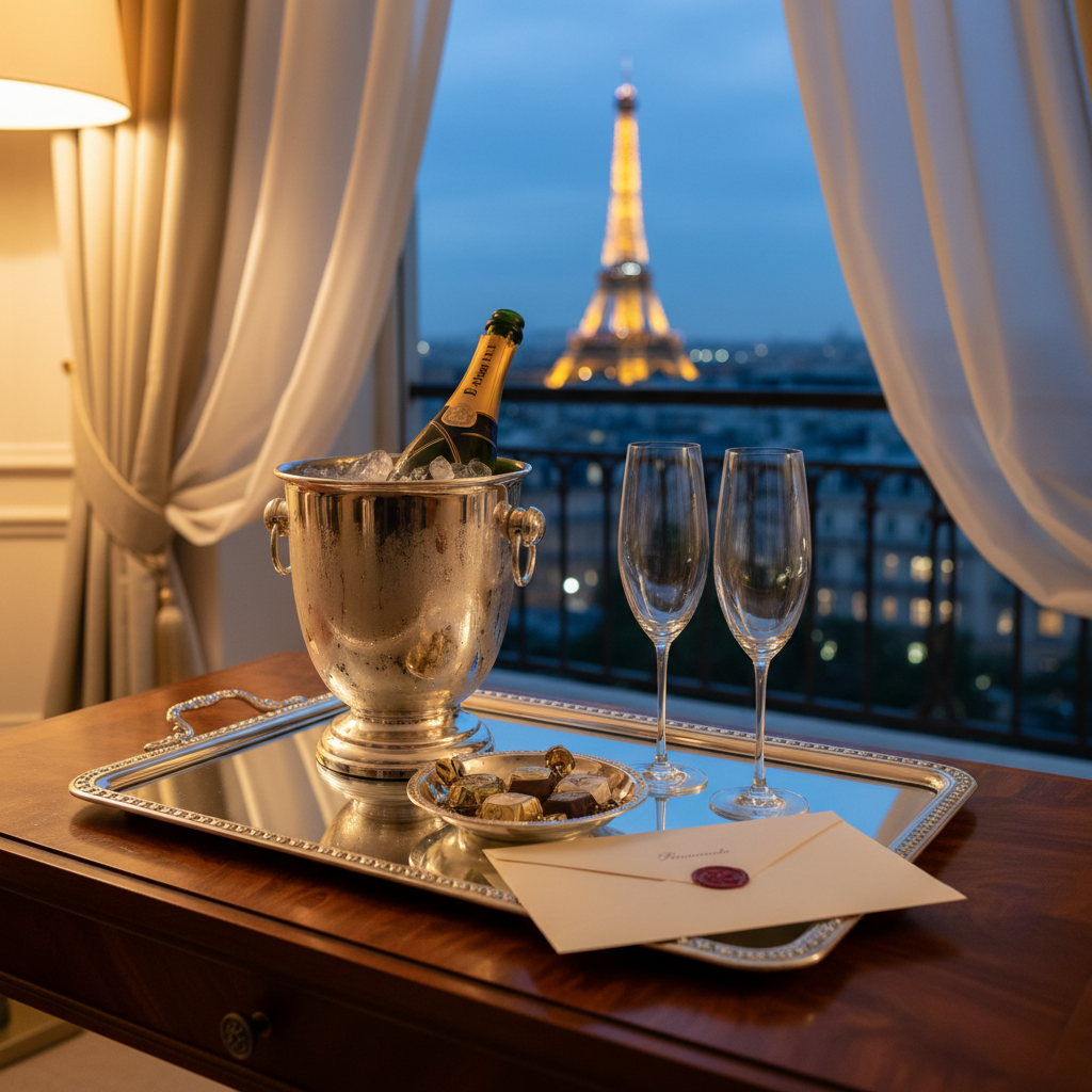 An opulent welcome-tray vignette on a dark walnut console in a five-star Parisian pied-à-terre, showcasing bespoke experiences for travelers. A mirrored tray holds an unopened bottle of vintage French champagne in a silver stand, two empty crystal flutes catching tiny prismatic light, a small silver dish with artisan chocolates still wrapped, and an understated envelope sealed with wax, bearing a minimal crest. Behind, sheer curtains frame a softly blurred view of the Eiffel Tower at dusk. City lights begin to twinkle, while warm ambient lamp light from outside frame casts gentle highlights and rich shadows. Photographic realism, shot at eye level with shallow depth of field, mood intimate, exclusive, and quietly celebratory, embodying sophisticated French luxury concierge service.